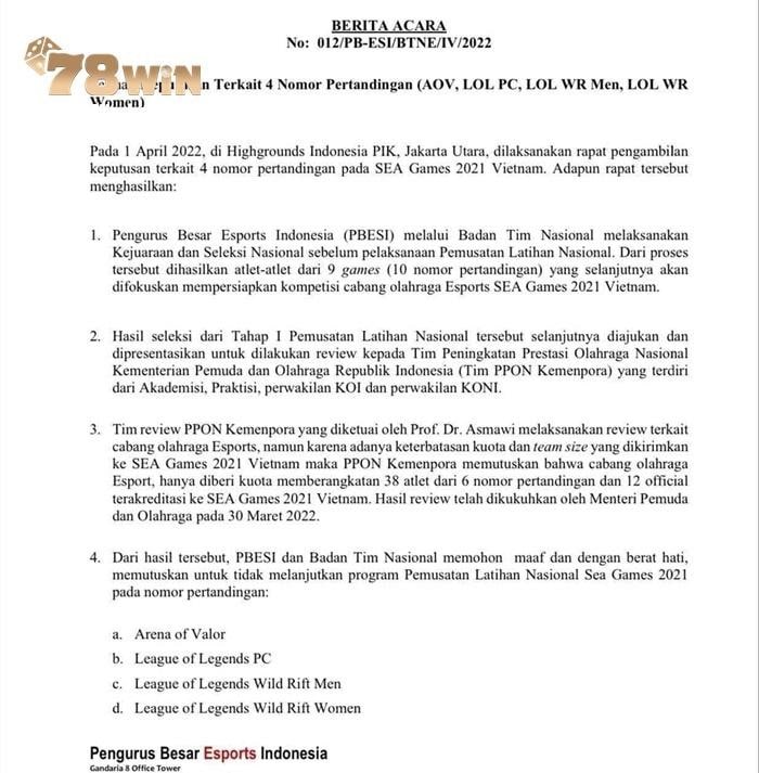 Đội tuyển Indonesia đã xin rút khỏi 3 bộ môn Esport của SEA Games 31