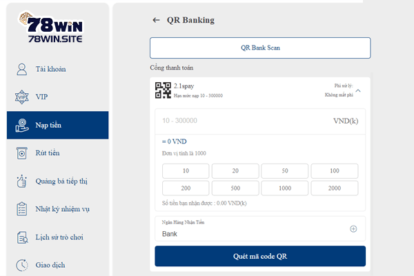 Nạp tiền bằng mã QR Banking cũng là phương thức được thành viên 78win lựa chọn