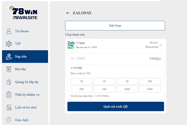 Thành viên 78win có thể nạp tiền không giới hạn qua ví điện tử ZaloPay